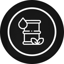 Black icon of an oil barrel with a leaf and a droplet – symbolizes biofuels and feedstocks.