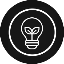 Black icon of a lightbulb with a leaf in the center – symbolizes renewable energy.