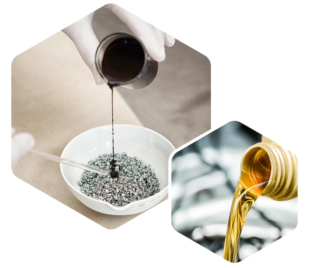 On the left, a black liquid is being poured onto silver shavings. On the right, oil pours out of a spout.