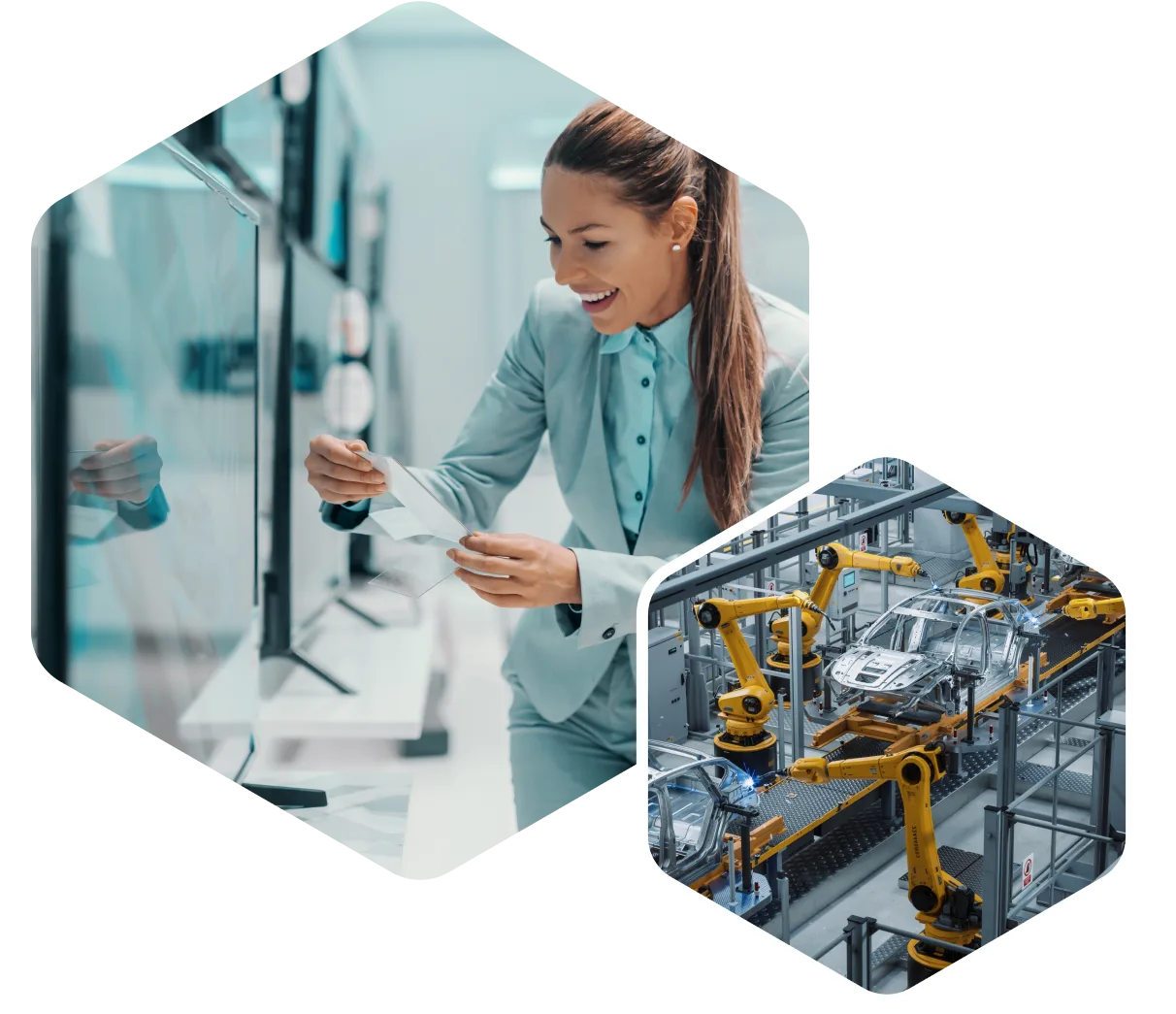 On the left, a woman checks the price tag on a television. On the right, photo of a car manufacturing plant.