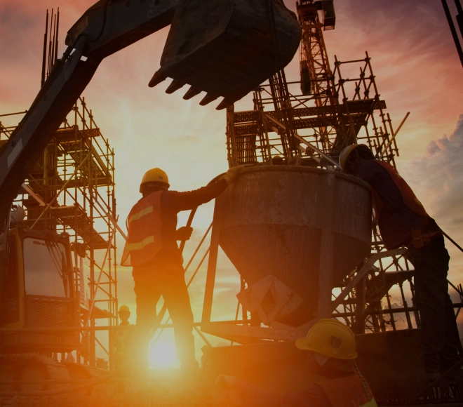 Several men in yellow hard hats work on a construction site at sunset.
