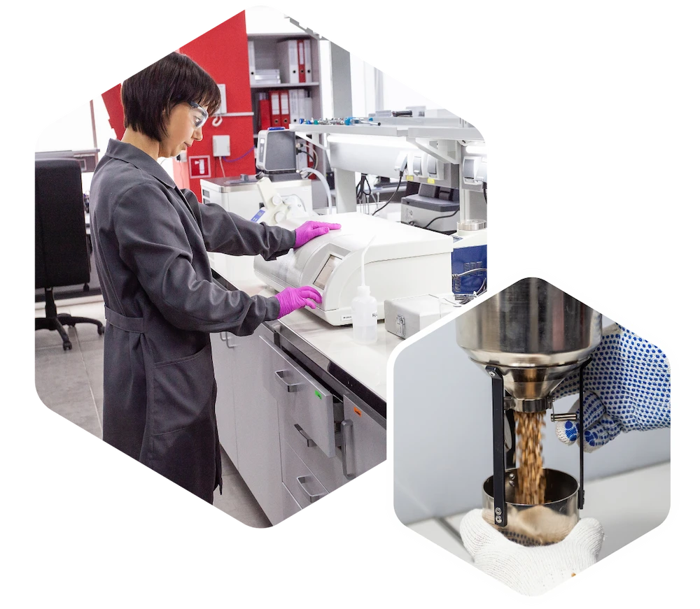 On the left, a woman in a lab coat and pink gloves runs an analysis. On the right, a sample of product is being taken.