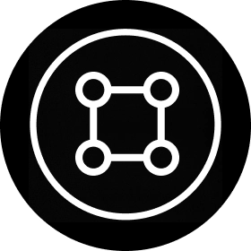 White icon of a square with circles on the corners inside of a black circle.