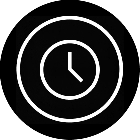 White icon of a clock inside of a black circle.