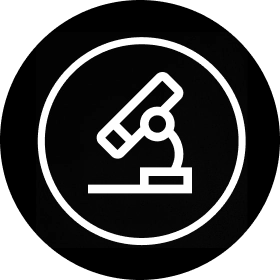White icon of a microscope inside of a black circle.