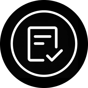 White icon of a document inside of a black circle.