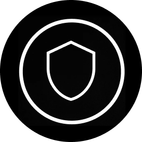 White icon of a shield inside of a black circle.