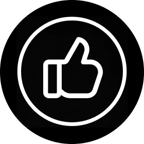 White icon of a thumbs up inside of a black circle.
