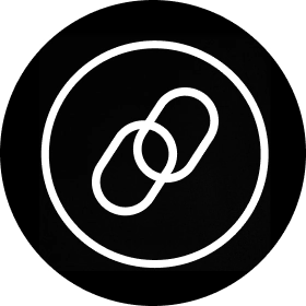 White icon of a chain link inside of a black circle.