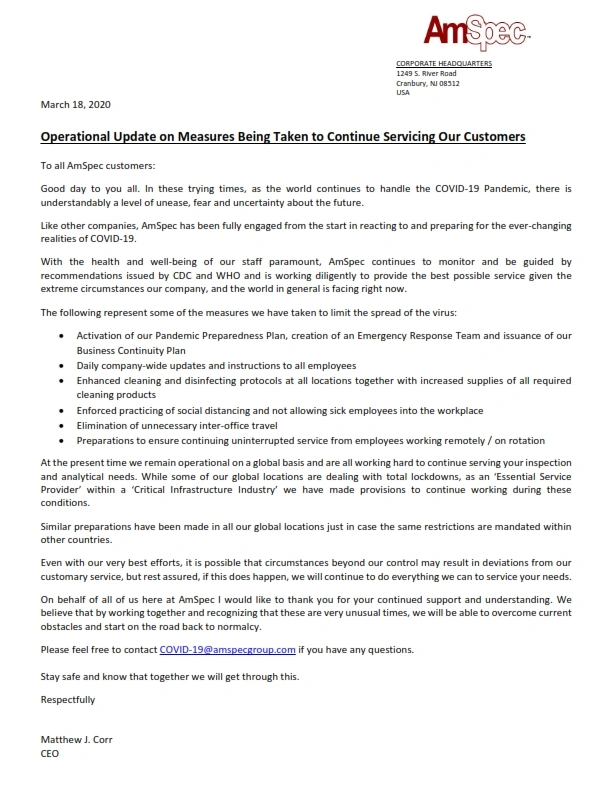 AmSpec COVID-19 policy – operational update on measures being taken.