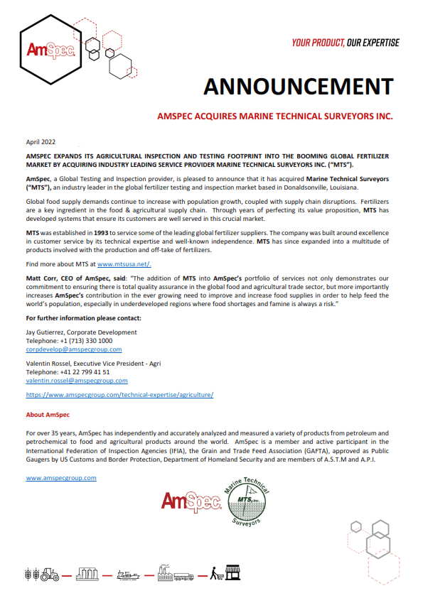 Amspec AMSPEC ACQUIRES MARINE TECHNICAL SURVEYORS INC. 1 Amspec Amspec Acquires Marine Technical Surveyors 04022022 001