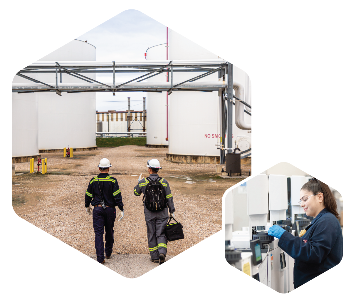 On the left, three people in hard hats and AmSpec uniforms. On the right, a woman in safety goggles performs an analysis.