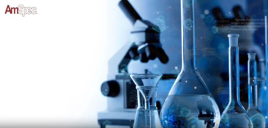 Amspec AmSpec Empowering a Safer, More Sustainable World 2023 2 Various beakers and a microscope.
