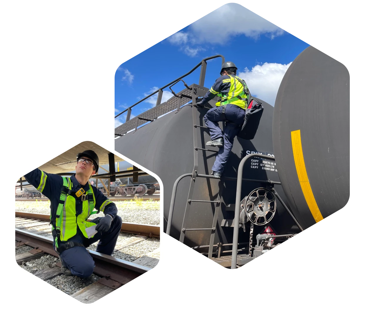 Collage image of AmSpec workers inspecting railcars.