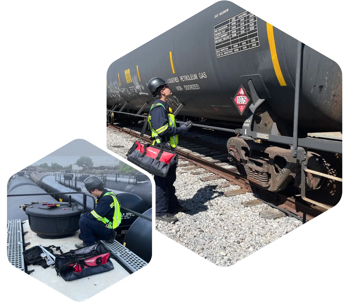 Collage image of AmSpec workers inspecting railcars.