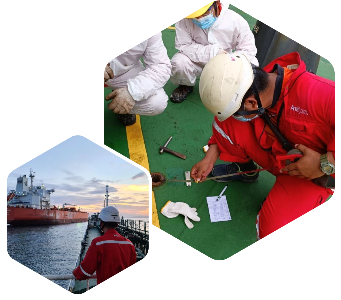 Collage image of two people in red PPE on ships.