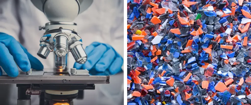 Collage image of a microscope and a landfill.