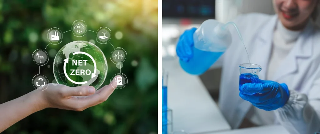Collage image of a hand holding a globe reading "net zero" and a person testing chemicals in a lab.