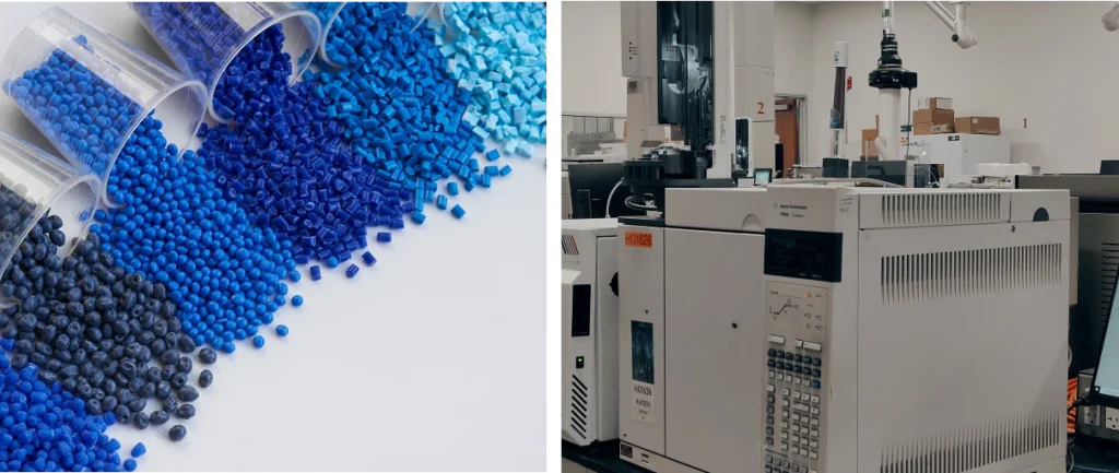 Collage image of blue plastic in clear cups spilling out and an analysis machine.