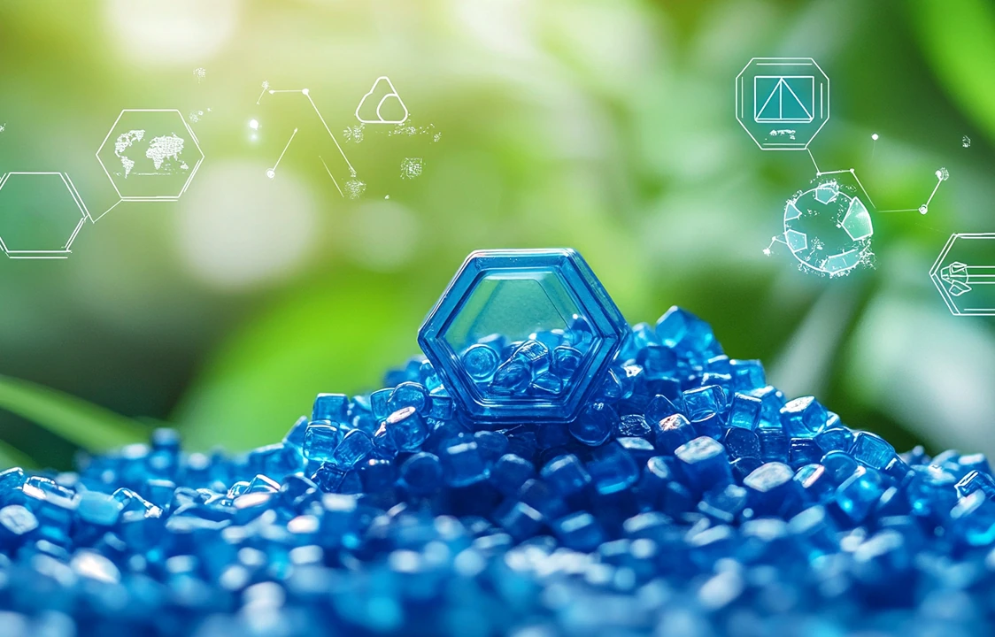 Close-up of a small plastic hexagon laying on a pile of even smaller plastic bits.