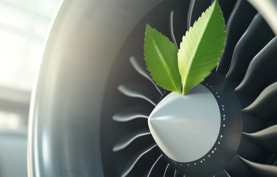 Close-up of an airplane turbine with two leaves on it.