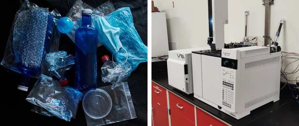 Two images of plastic – one of blue plastic waste and one of an analysis laboratory.