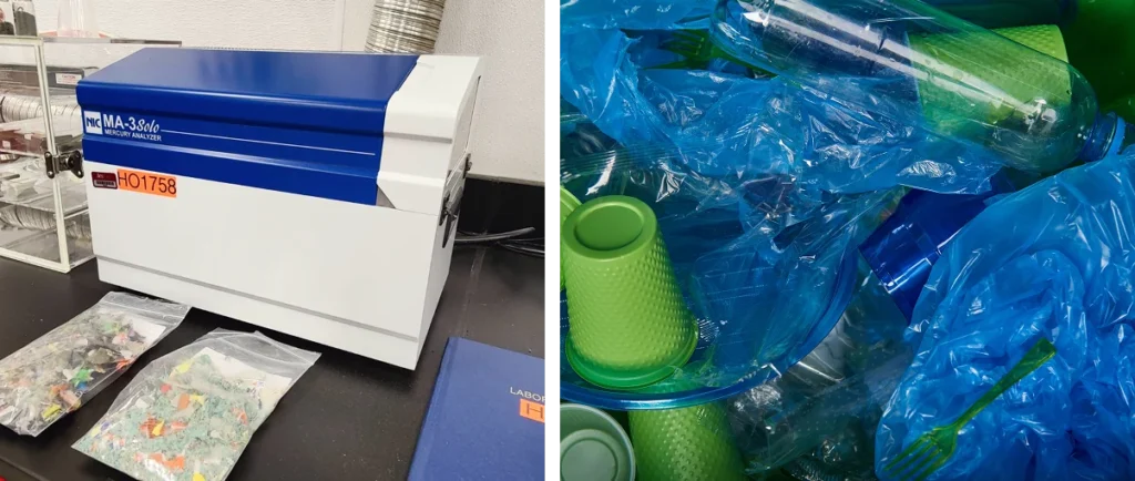 Two images of plastic – one of plastic analysis and one of a landfill full of plastic.