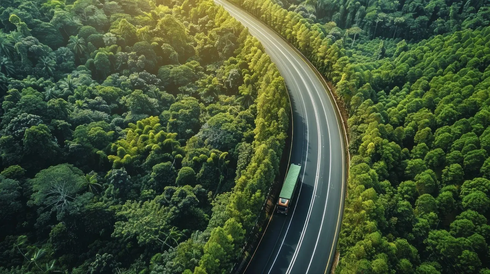 An aerial view shows a green semi-truck driving on a curved road through a dense green forest.