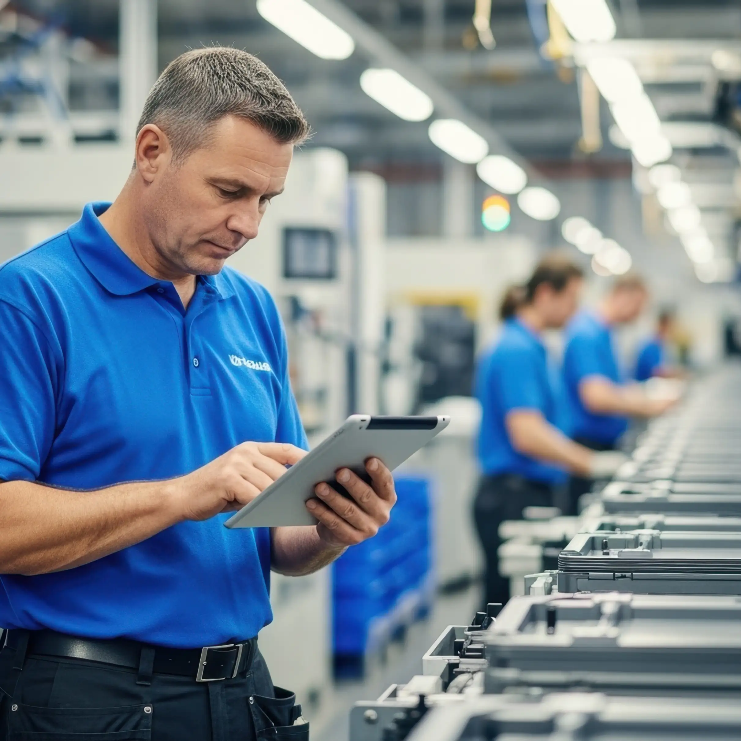 A technician stands in a bright factory using a digital tablet to monitor production data.