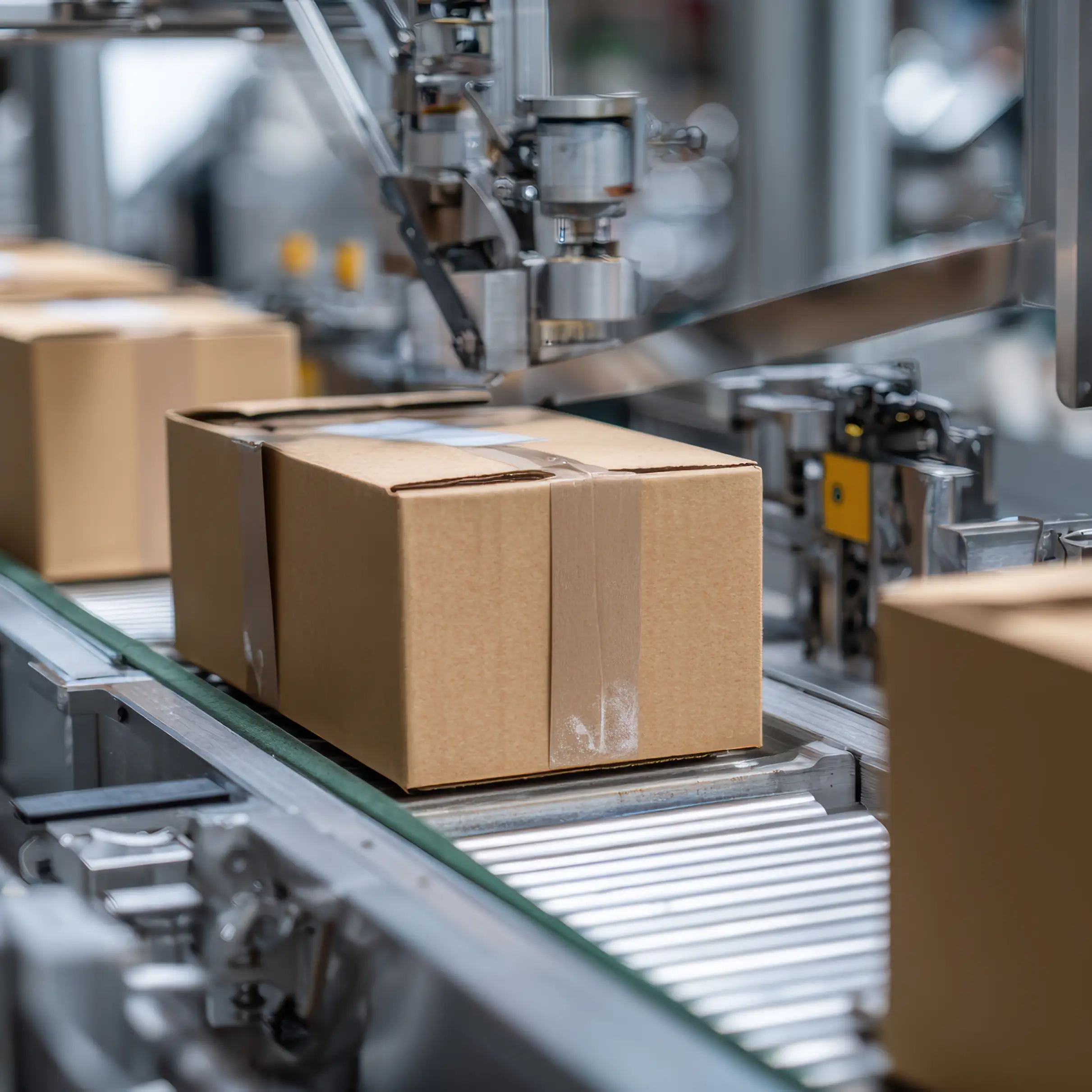 Automated conveyor belt system in a manufacturing facility with cardboard boxes move through a mechanical taping.